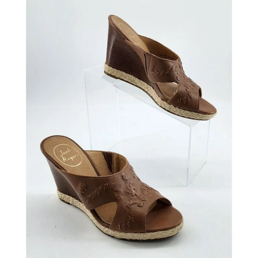 Jack Rogers Women's Sophia Wooden Brown Woven‎ Slip On Wedge Sandals Size 6.5M